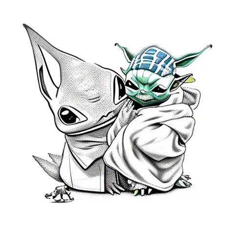 eve Pokemon and baby Yoda fighting  tattoo design idea