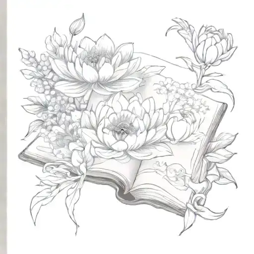  an open book with 4 flowers coming out of it. A waterlily, a peony a crysanthemum and a larkspur tattoo design idea