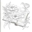  an open book with 4 flowers coming out of it. A waterlily, a peony a crysanthemum and a larkspur tattoo design idea