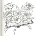  an open book with 4 flowers coming out of it. A waterlily, a peony a crysanthemum and a larkspur tattoo design idea