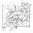  an open book with 4 flowers coming out of it. A waterlily, a peony a crysanthemum and a larkspur tattoo design idea