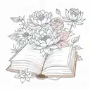  an open book with 4 flowers coming out of it. A waterlily, a peony a crysanthemum and a larkspur tattoo design idea