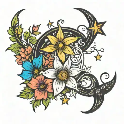 crescent moon of flowers and two stars thin lines colored bright without blurring tattoo design idea