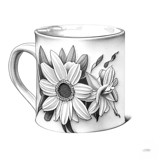 daisy and daffodil in a coffee mug tattoo design idea