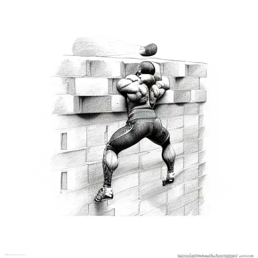 A sketch-style design of a powerlifter breaking through a brick wall tattoo design idea