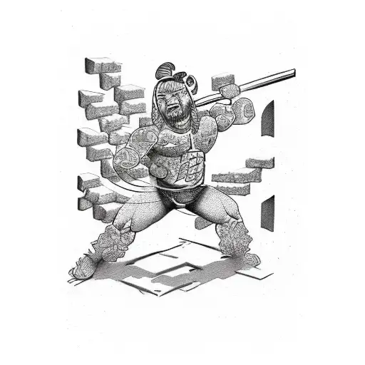 A sketch-style design of a powerlifter breaking through a brick wall tattoo design idea