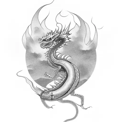 long dragon with fire Japanese clouds  tattoo design idea