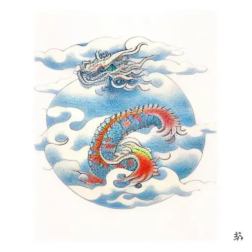 long dragon with fire Japanese clouds  tattoo design idea