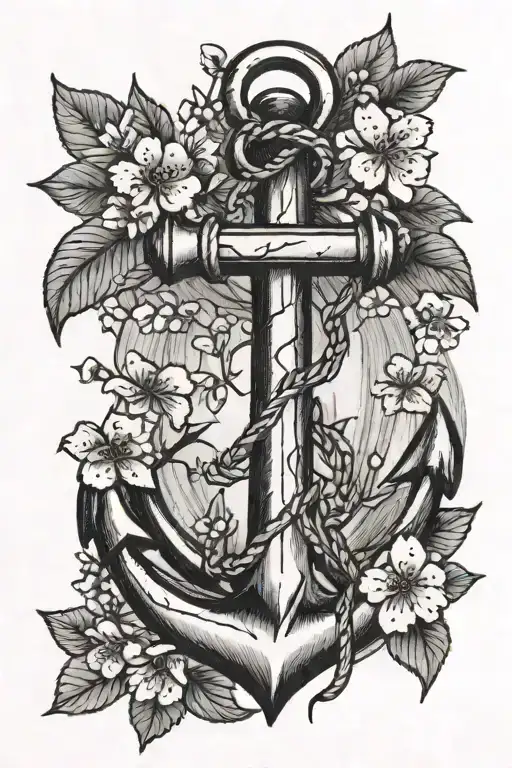anchor with cherry blossom tree tattoo design idea