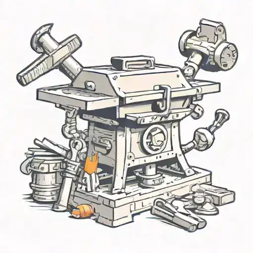 Create a traditional style anvil surrounded by welding tools like a helmet, gloves, and electrodes tattoo design idea