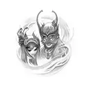 A black-grey tattoo of a tribal-inspired design depicting a tango couple surrounded by elements of nature and vegan symbolism tattoo design idea