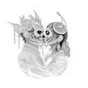 A black-grey tattoo of a tribal-inspired design depicting a tango couple surrounded by elements of nature and vegan symbolism tattoo design idea