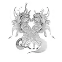 A black-grey tattoo of a tribal-inspired design depicting a tango couple surrounded by elements of nature and vegan symbolism tattoo design idea