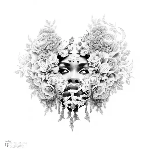 Portrait of a powerful black queen surrounded by intricate floral patterns tattoo design idea