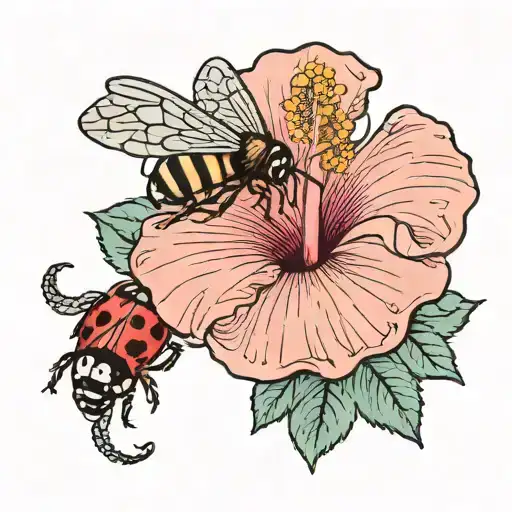 light pink hibiscus flower with tiny lady bug and bumble bee flying behind it  tattoo design idea
