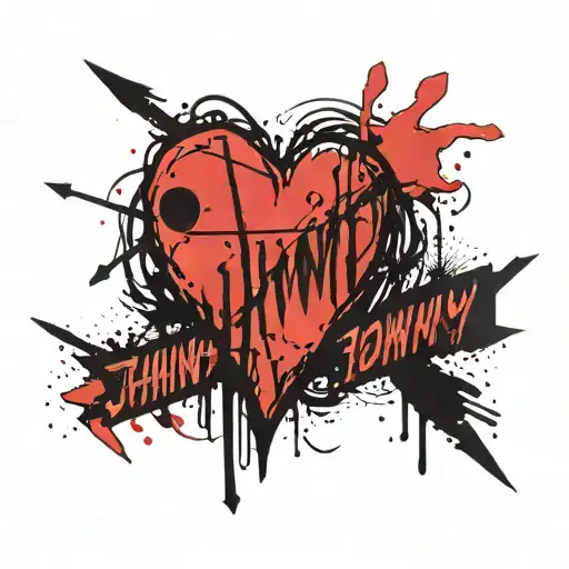 A cascaded heart that was pierced by a black arrow. Inside the heart it says Johnny+R in black font tattoo design idea