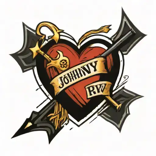 A cascaded heart that was pierced by a black arrow. Inside the heart it says Johnny+R in black font tattoo design idea