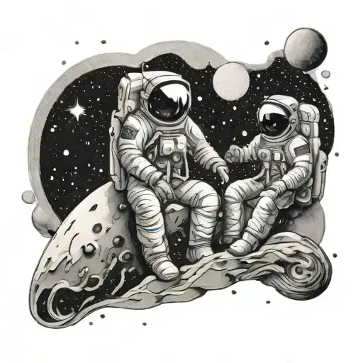 two astronauts in love, in space, surrounded by stars, sitting on the moon. tattoo design idea