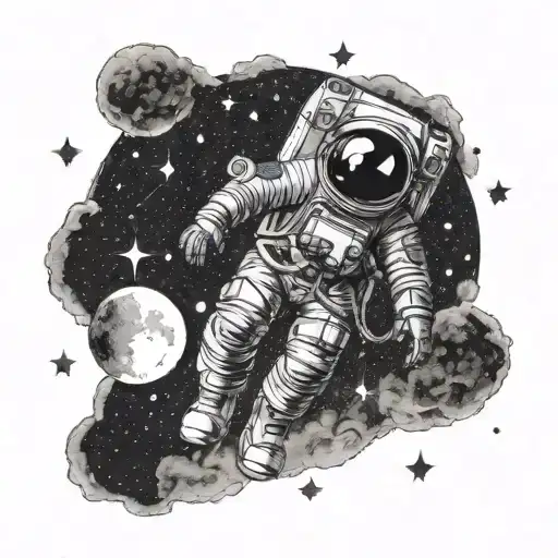 An astronaut floating in space, reaching out to touch a glowing moon surrounded by stars tattoo design idea