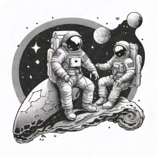 two astronauts in love, in space, surrounded by stars, sitting on the moon. tattoo design idea