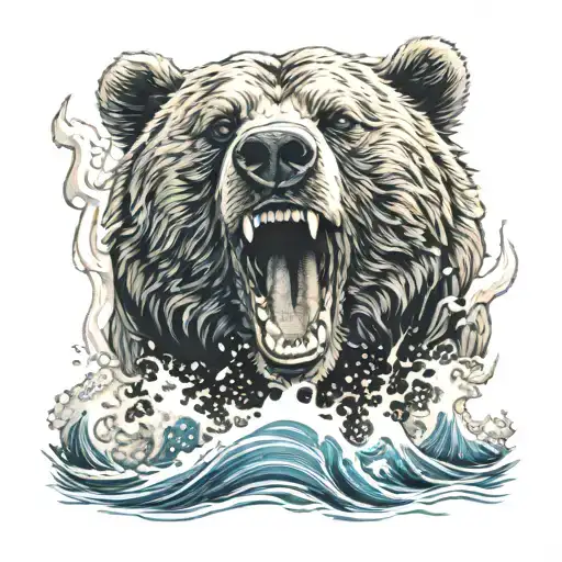 Bear Roaring in the waves crashing tattoo design idea