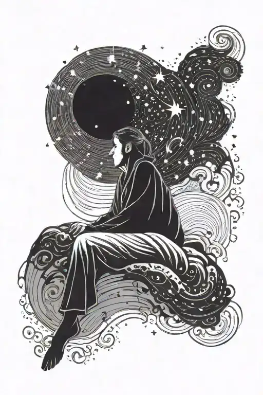 A tattoo design of a person sleeping peacefully under a starry night sky, with a ghostly figure of the person you want to forget hovering above them, symbolizing how they haunt your dreams tattoo design idea