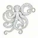 Minimalist tattoo design of a delicate octopus, medium size, fine, delicate and feminine strokes tattoo design idea