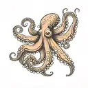 Minimalist tattoo design of a delicate octopus, medium size, fine, delicate and feminine strokes tattoo design idea