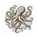 Minimalist tattoo design of a delicate octopus, medium size, fine, delicate and feminine strokes tattoo design idea
