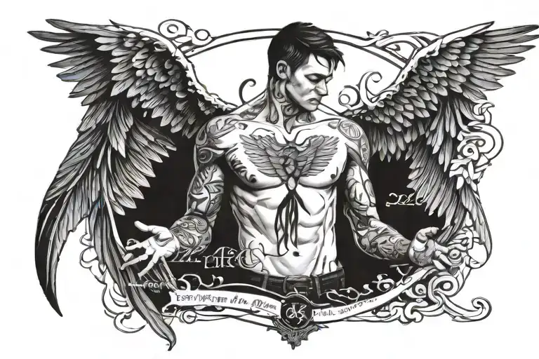 angle wings with a man in the middle with a this quote "if they want to go let them don't let yourself go down and drown tattoo design idea