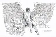 angle wings with a man in the middle with a this quote "if they want to go let them don't let yourself go down and drown tattoo design idea