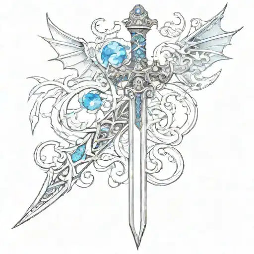 vertical sword with blue gemstone in the hilt with three small flying dragons tattoo design idea