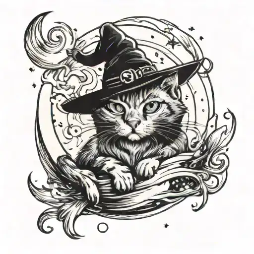 cat on a moon in a witch hat tattoo design idea