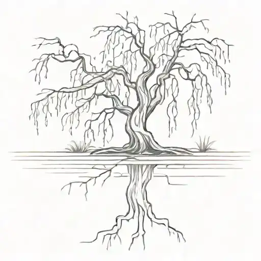 weeping willow tree, with dead branches on the ground tattoo design idea