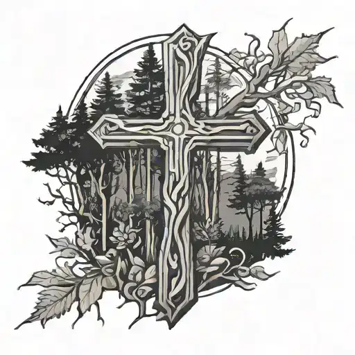 wooden cross in a forest tattoo design idea