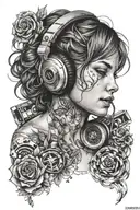 22 year old woman with headphones listening to music and musical notes around her tattoo design idea