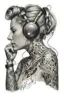 22 year old woman with headphones listening to music and musical notes around her tattoo design idea