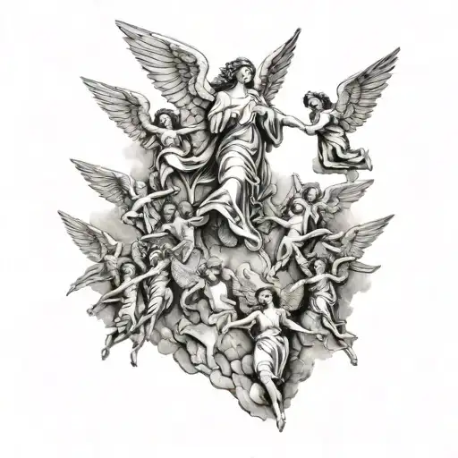 multiple beautiful angels coming over a hill flying towards a person who is walking with outstretched arms  tattoo design idea