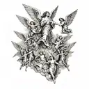 multiple beautiful angels coming over a hill flying towards a person who is walking with outstretched arms  tattoo design idea