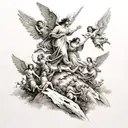 multiple beautiful angels coming over a hill flying towards a person who is walking with outstretched arms  tattoo design idea