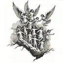 multiple beautiful angels coming over a hill flying towards a person who is walking with outstretched arms  tattoo design idea