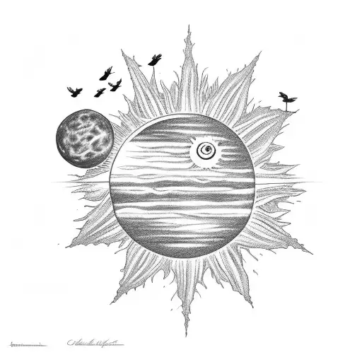 Little Prince and his rose on a planet, the sun as a ";" and 3 birds flying tattoo design idea