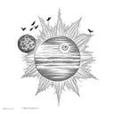 Little Prince and his rose on a planet, the sun as a ";" and 3 birds flying tattoo design idea
