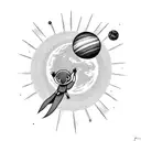 Little Prince and his rose on a planet, the sun as a ";" and 3 birds flying tattoo design idea