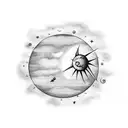 Little Prince and his rose on a planet, the sun as a ";" and 3 birds flying tattoo design idea