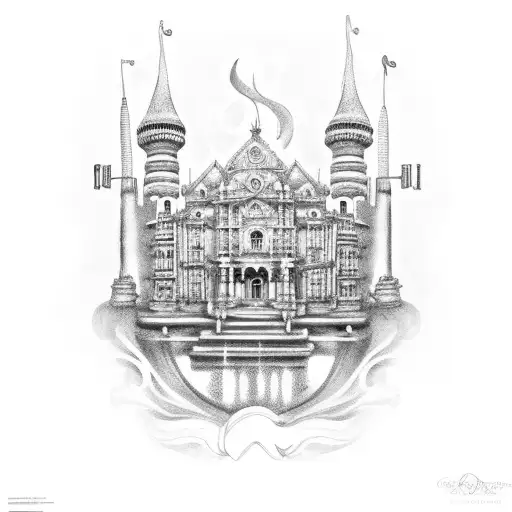 A Bayreuth-inspired tattoo featuring a majestic castle with a heavy metal twist, surrounded by musical notes tattoo design idea