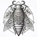 a cicada  surrounded by the Gemini, Aquarius, and virgo symbols  tattoo design idea