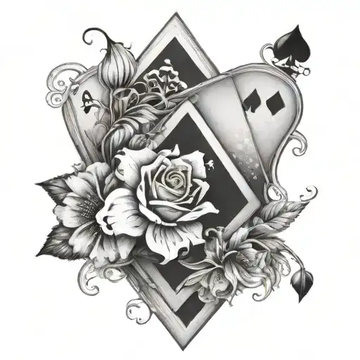 realistic flower in black gray and white with the center being the queen of spades tattoo design idea