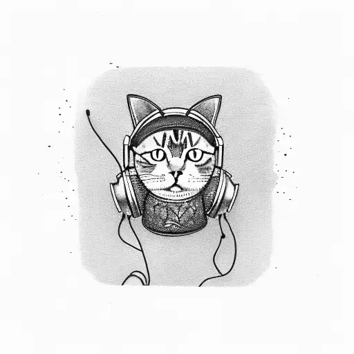 cat with headphones eating sushi tattoo design idea
