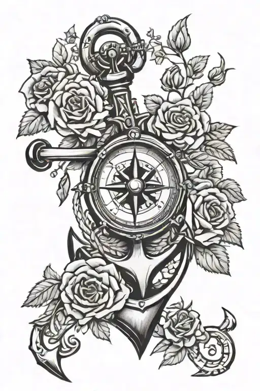 Anchor with compass and roses tattoo design idea